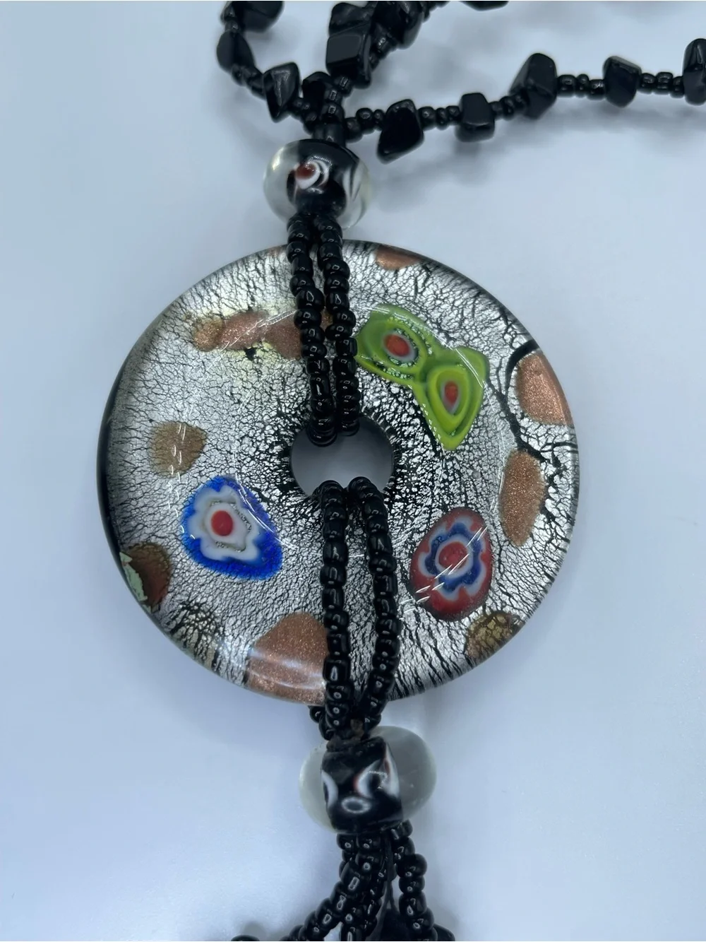 Black Crystal Glass Beaded Blown Glass Medallion Tassel Statement Necklace